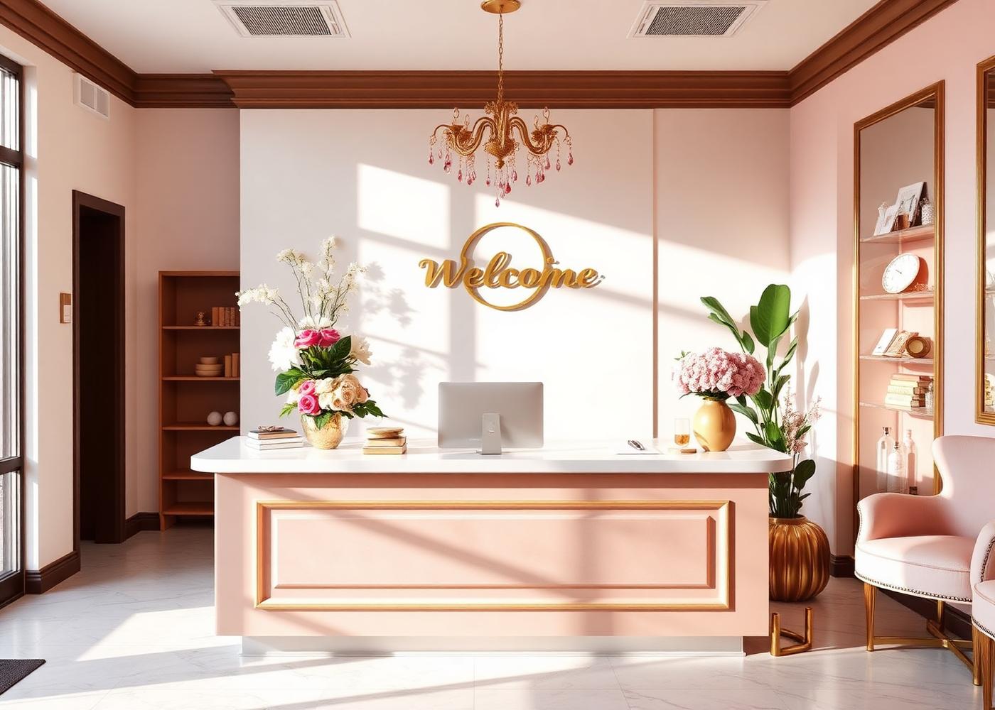 Warm, welcoming Simply Me salon reception with fresh flowers