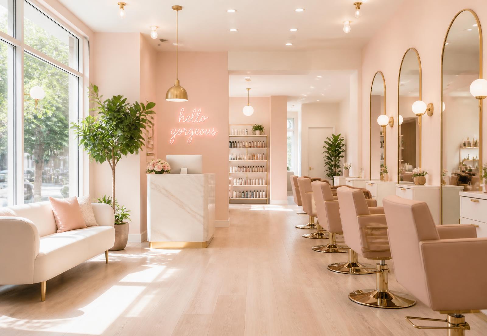 Bright, welcoming Simply Me salon interior with blush and gold details